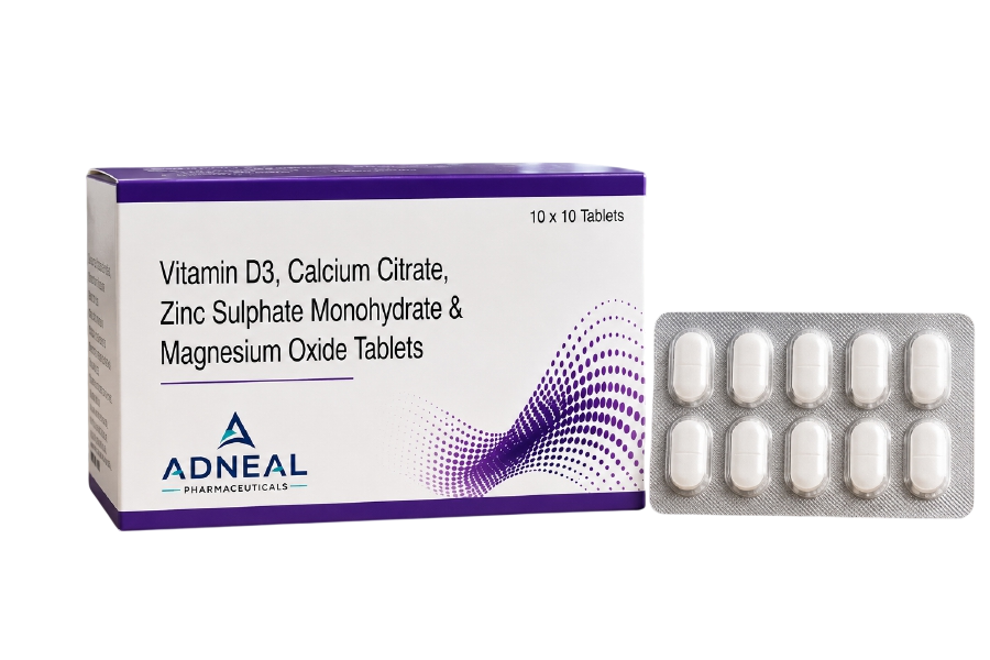 Vitamin D3, Calcium Citrate, Zinc Sulphate Monohydrate & Magnesium Oxide Tablets